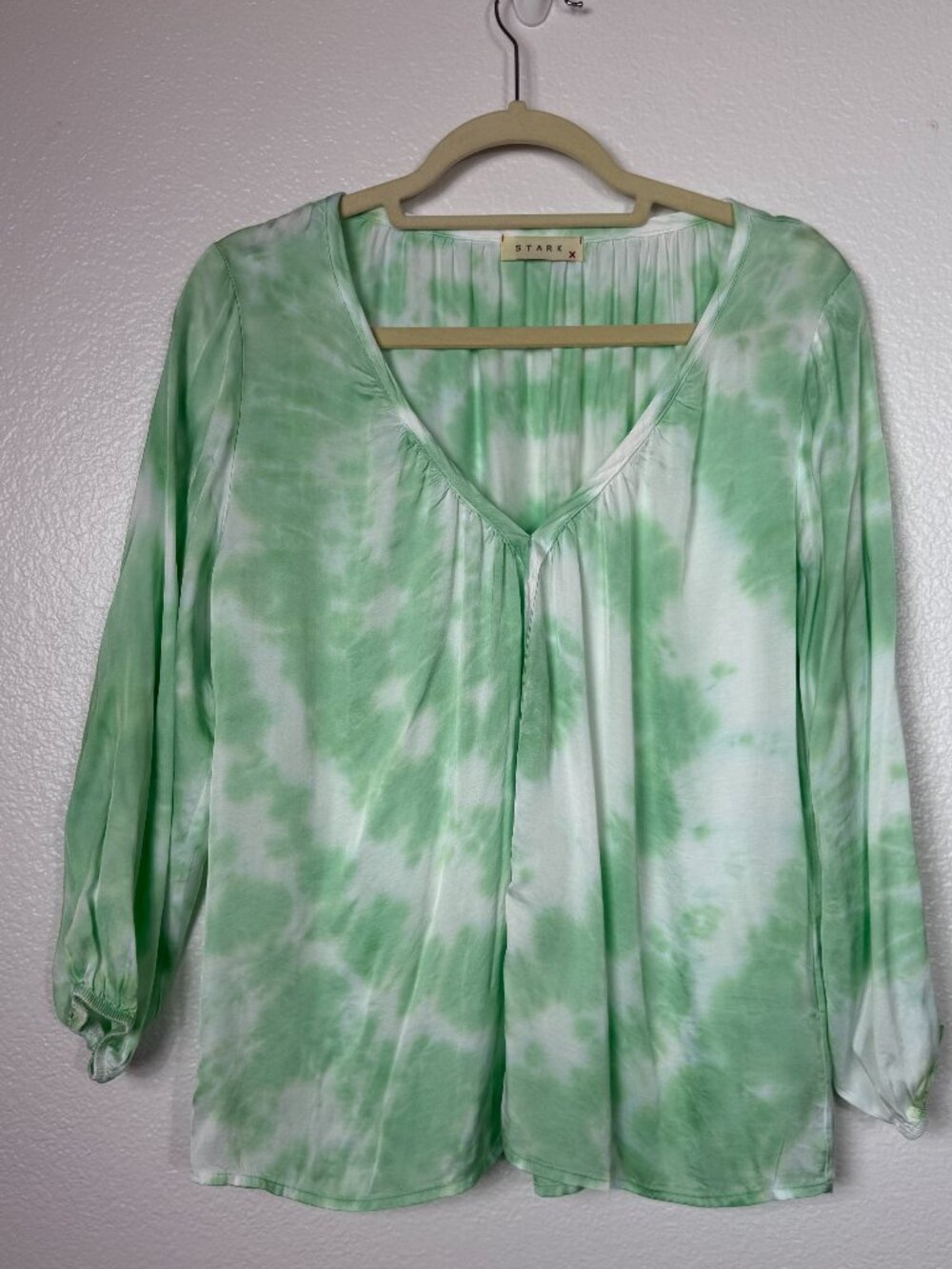 Stark X Rayon Long Sleeve Top M Tie Dyed Green Sheer‎ V-neck Oversized Coastal